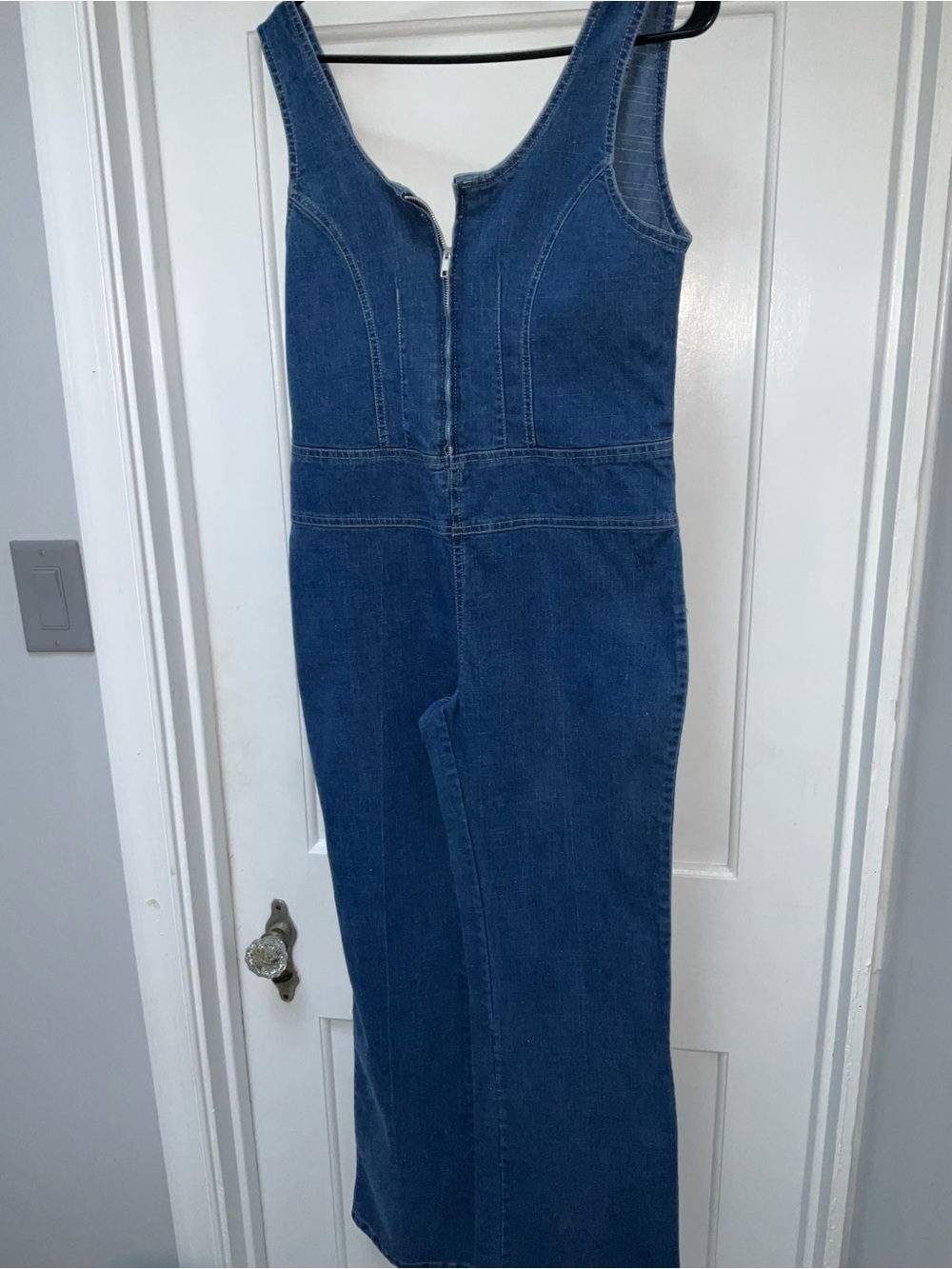 Denim Zip-Front Jumpsuit in Dark Blue